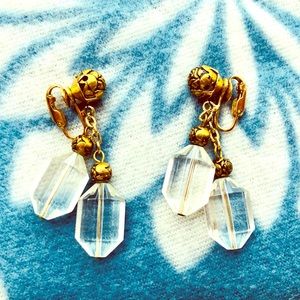 Gold rose & crystal chandelier clip-on earrings